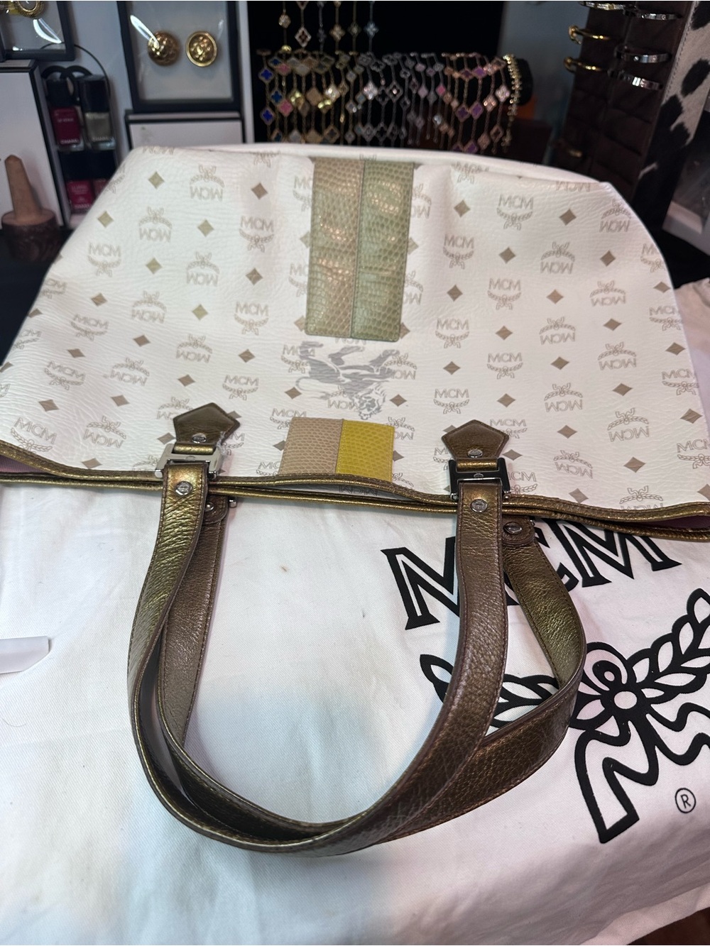 MCM White Visetos Tote with Gold Trim and Multicolor Stripe - Picture 9 of 15